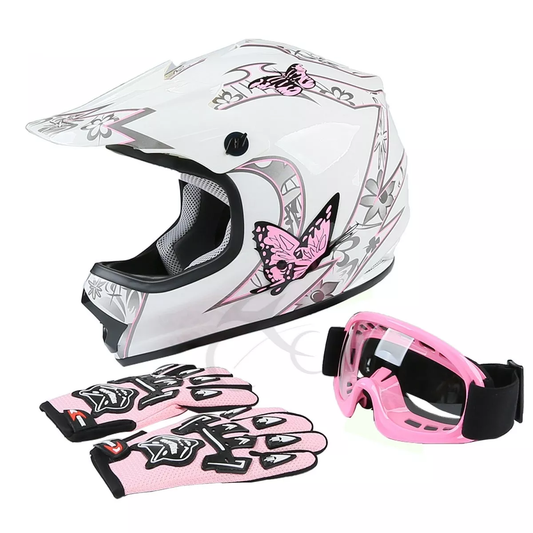 Casco Motocross Guantes Y Goggles Juvenil Adolescente Rosa